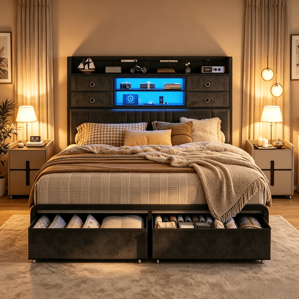 velvet platform bed frame headboard storage 4 fabric - Temu
