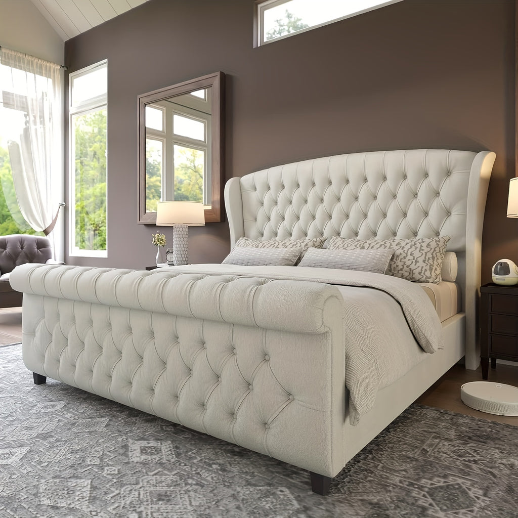 chenille upholstered platform bed frame scroll wingback - Temu