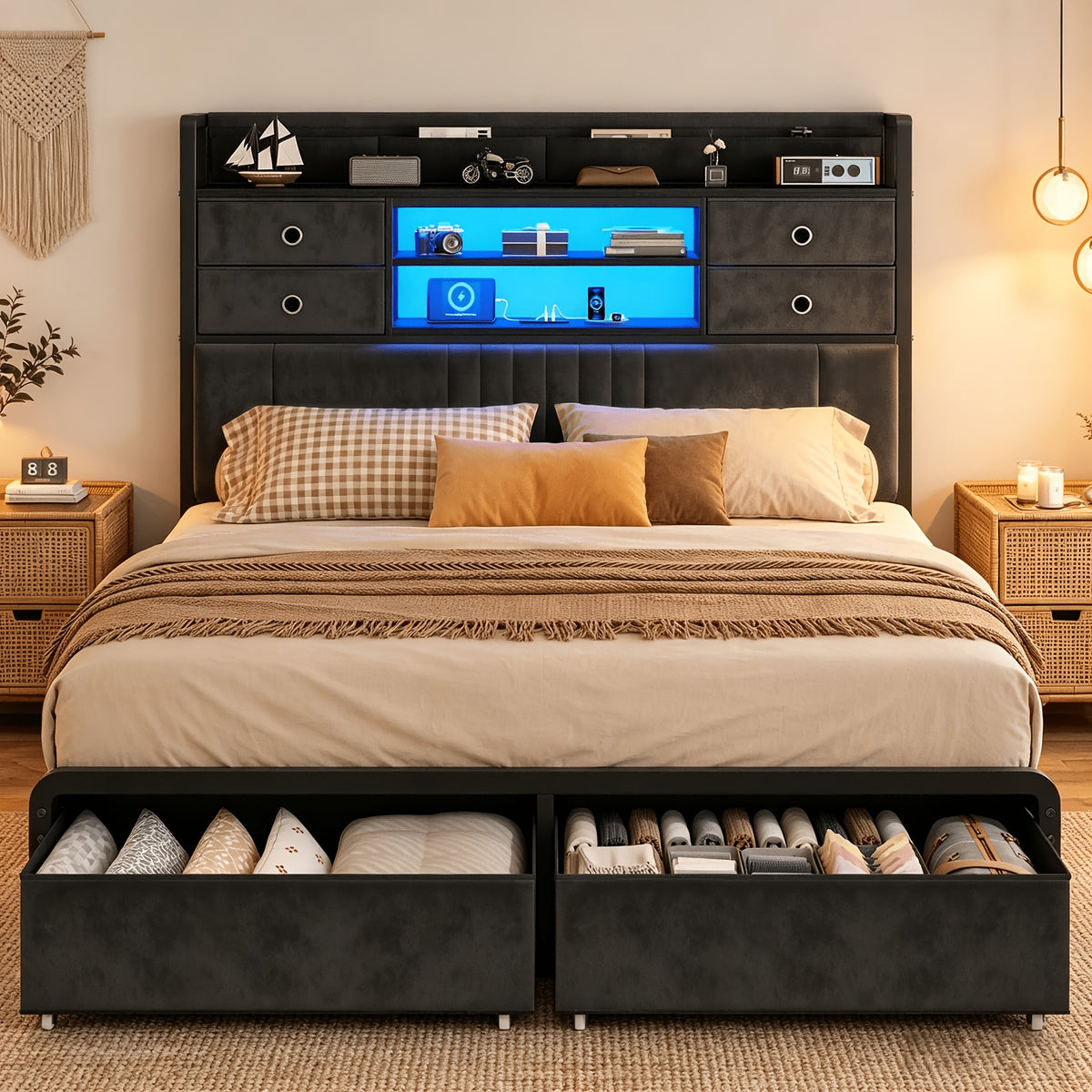 velvet platform bed frame headboard storage 4 fabric - Temu