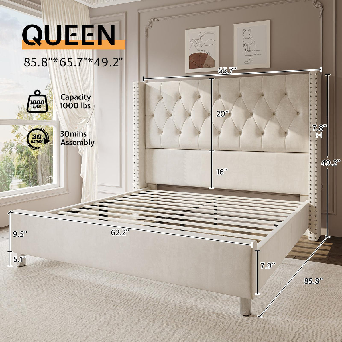 50 wingback bed frame plush beige white - Temu