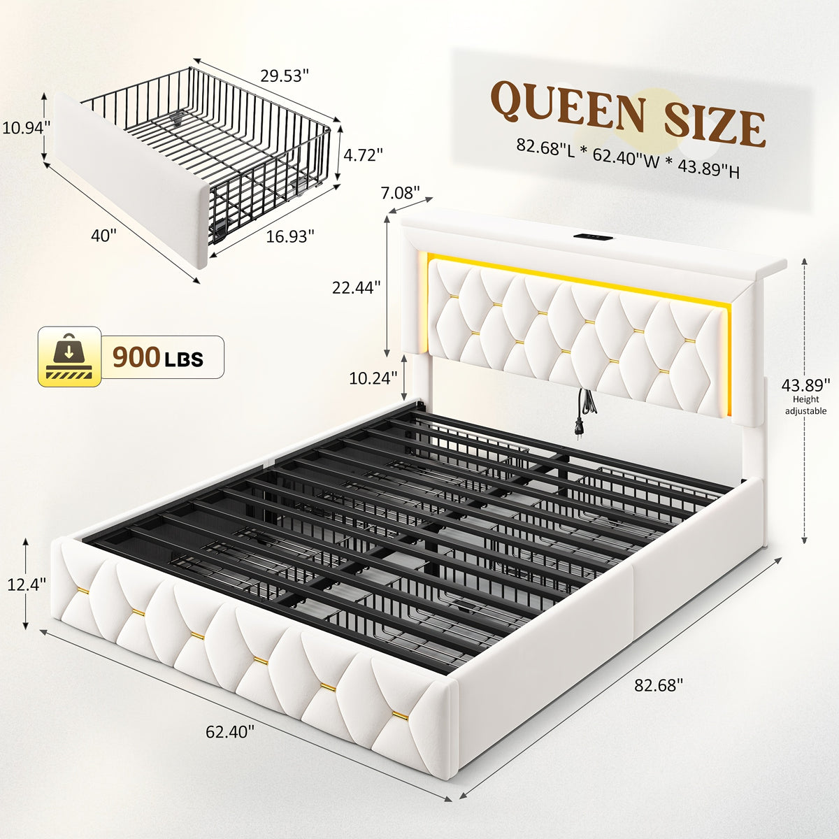 queen full size bed frame 4 storage drawers headboard - Temu