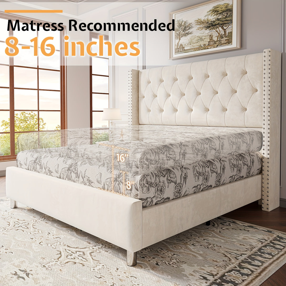 velvet upholstered bed frame wingback headboard no - Temu